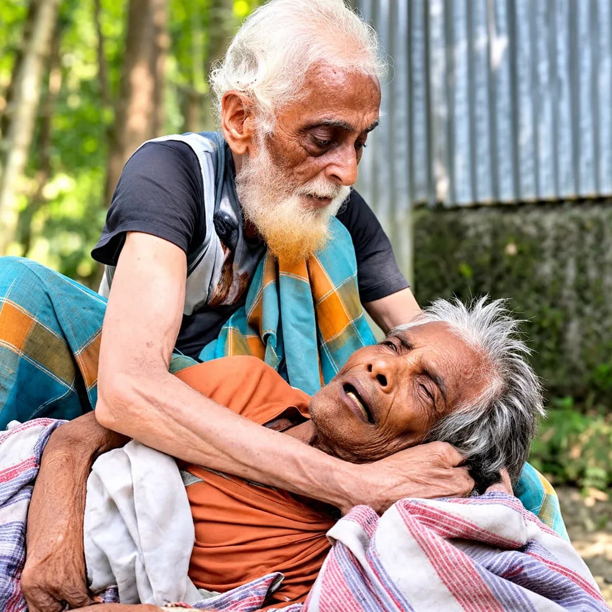দারিদ্র্য ও অসুস্থতার মধ্যেও একে অপরের পাশে থাকা বৃদ্ধ দম্পতির প্রতীকী চিত্র।