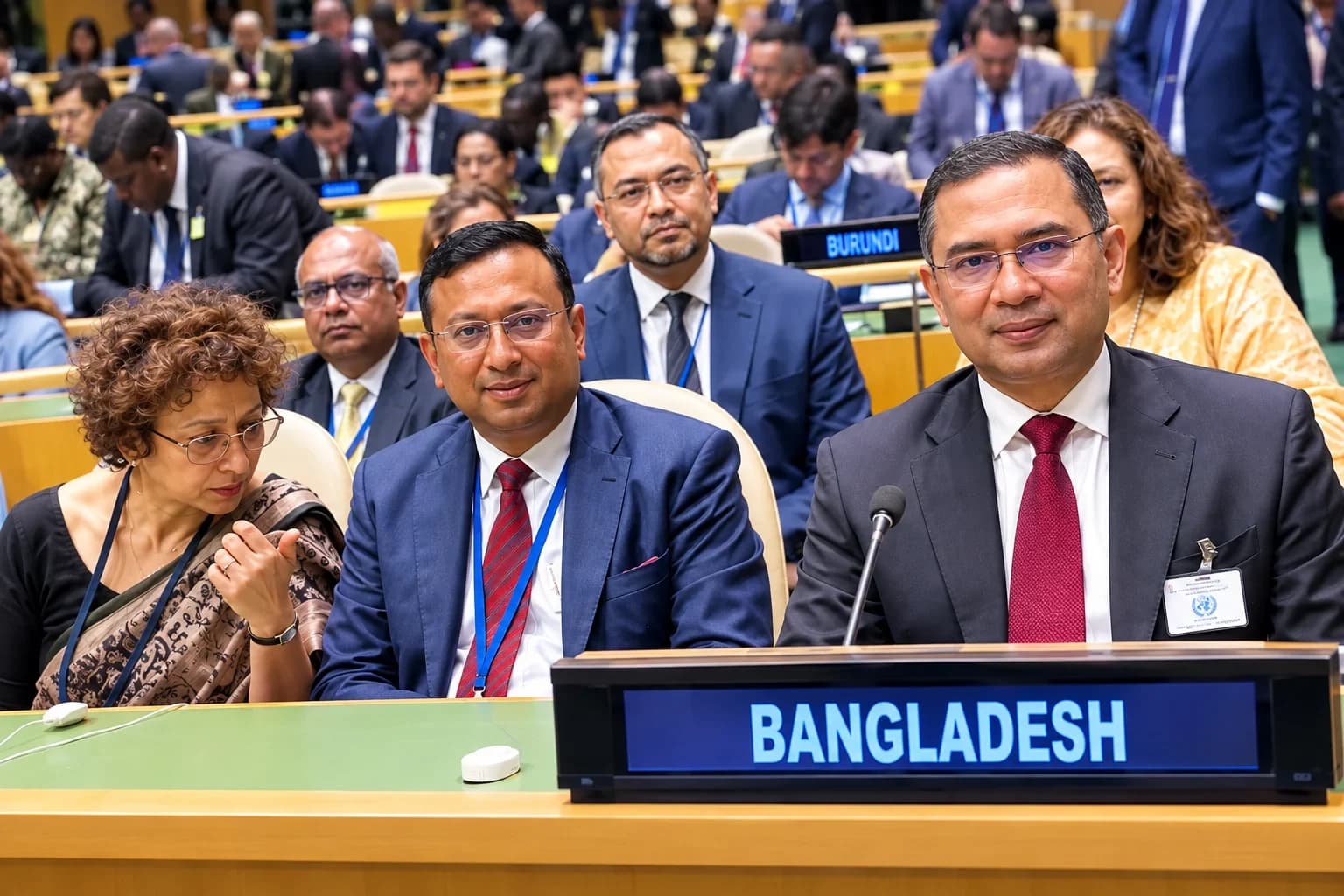 জাতিসংঘ সাধারণ পরিষদের অধিবেশনকক্ষে বাংলাদেশের প্রতিনিধিদলের অংশগ্রহণের দৃশ্য।