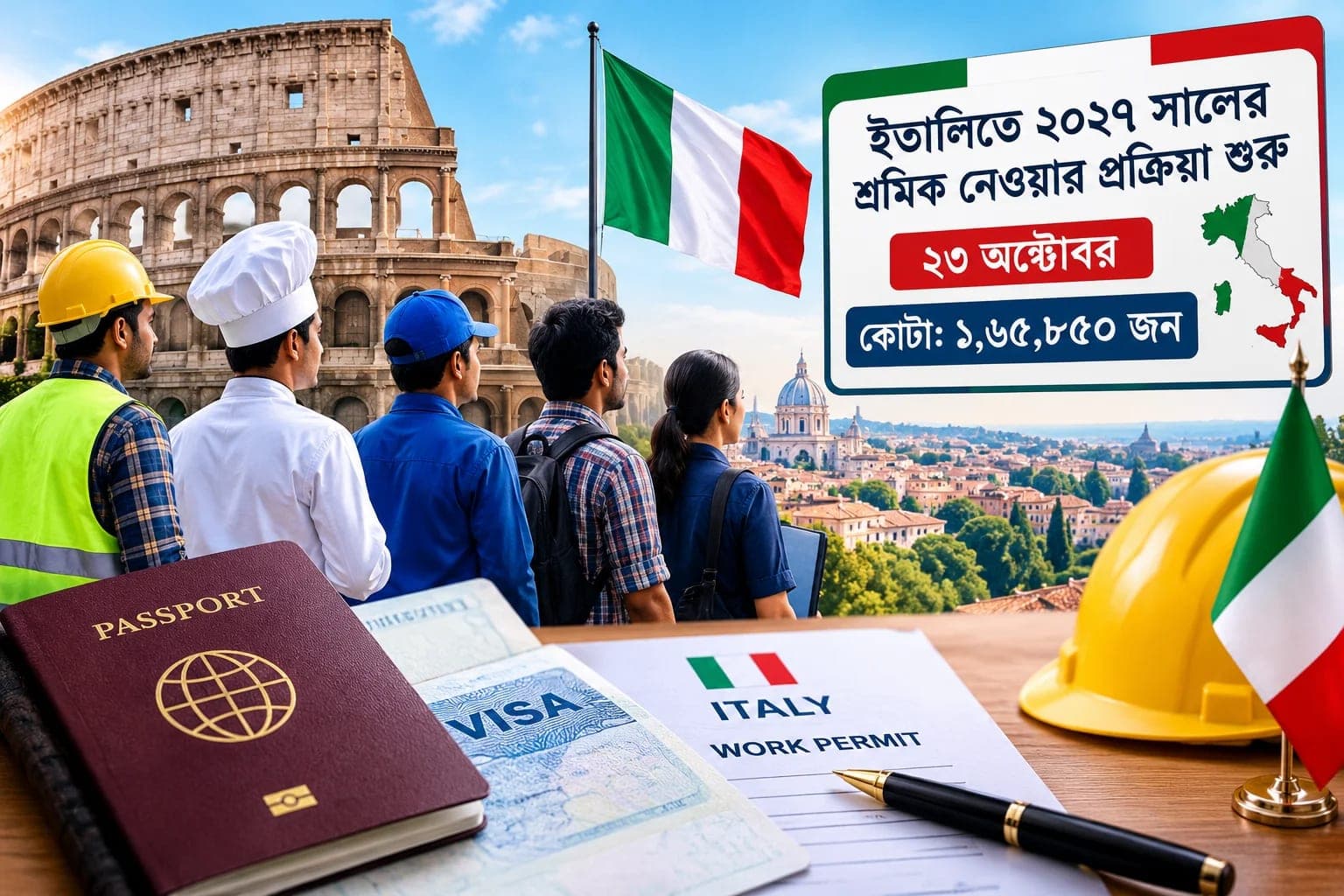 ইতালিতে ২০২৭ সালের বিদেশি শ্রমিক নিয়োগ কার্যক্রমের প্রস্তুতি ও দেশটিতে কর্মসংস্থানের সুযোগের প্রতীকী দৃশ্য।